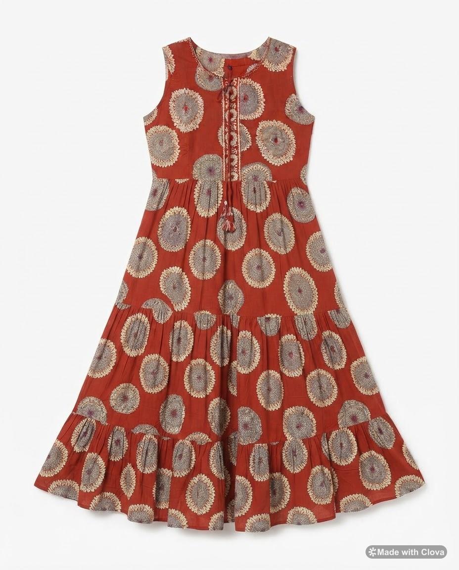 Rust Cotton Sleeveless Maxi Dress with Floral Print