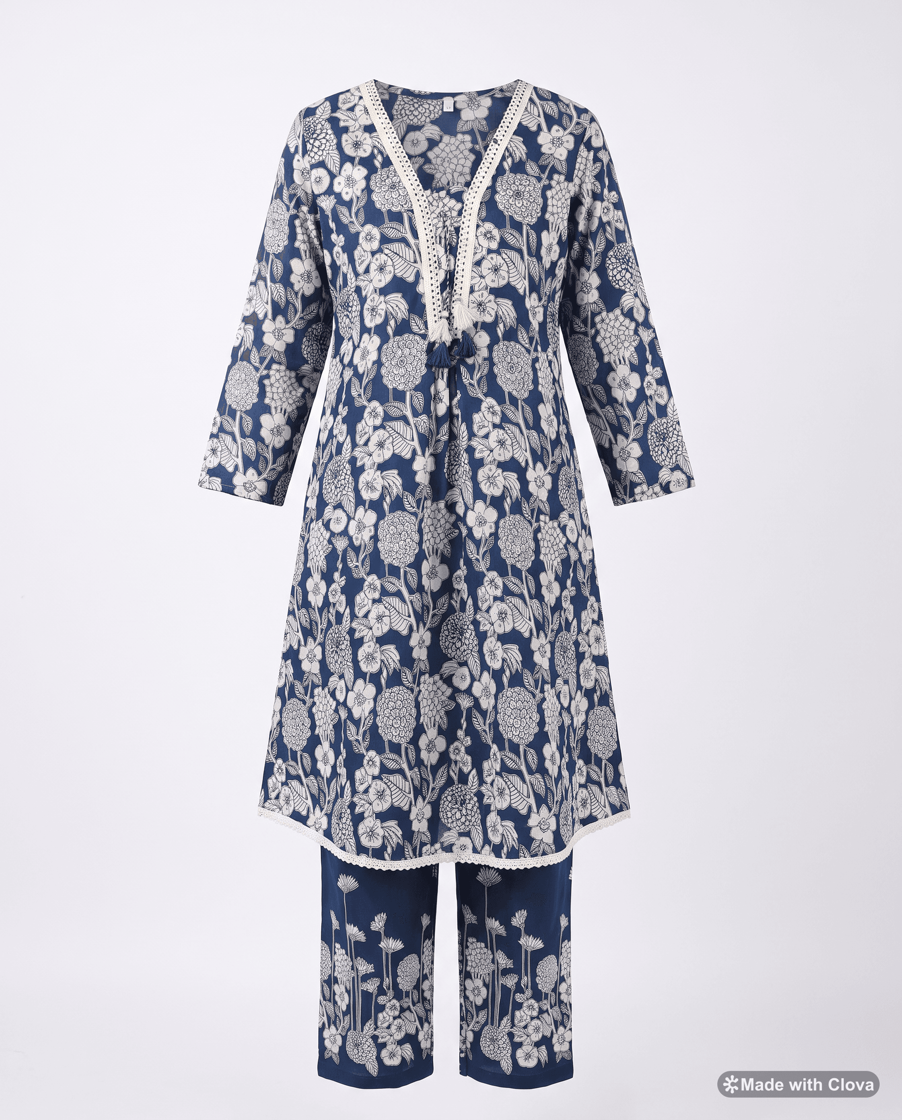 Navy Blue Floral Printed Kurta Set with Tassel Details
