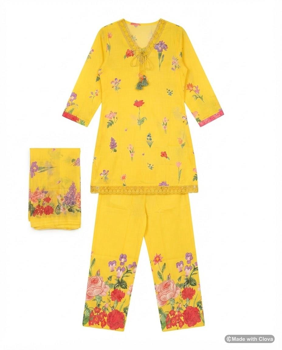 Sunny Yellow Floral Kurta Set with Pant and Dupatta