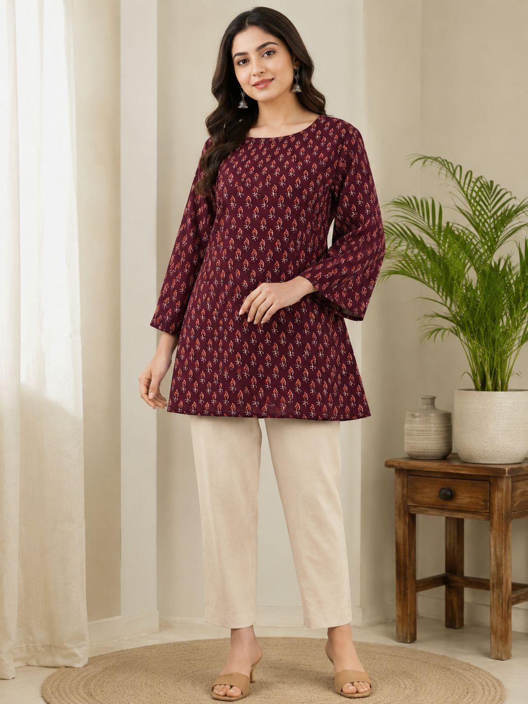 Maroon Printed Cotton Kurti with Bell Sleeves