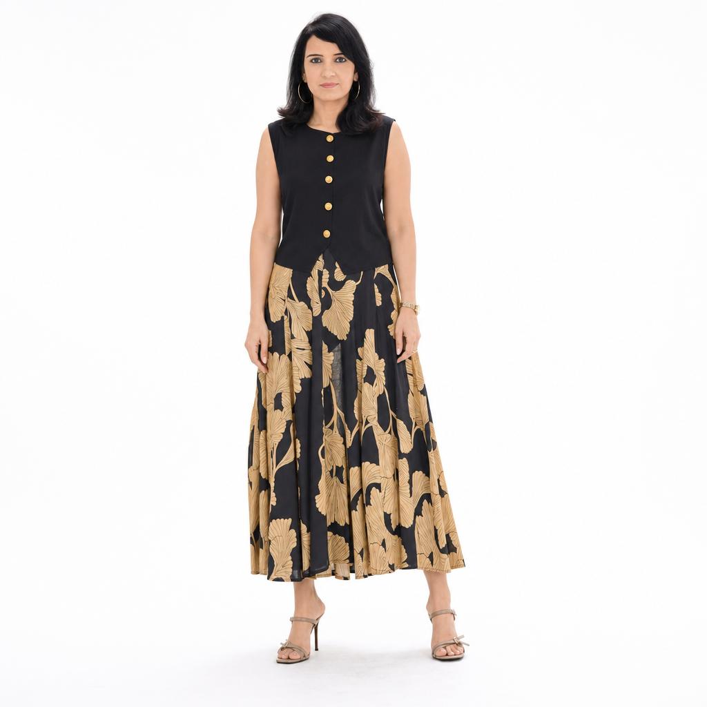 Elegant Black & Gold Floral Maxi Skirt Set